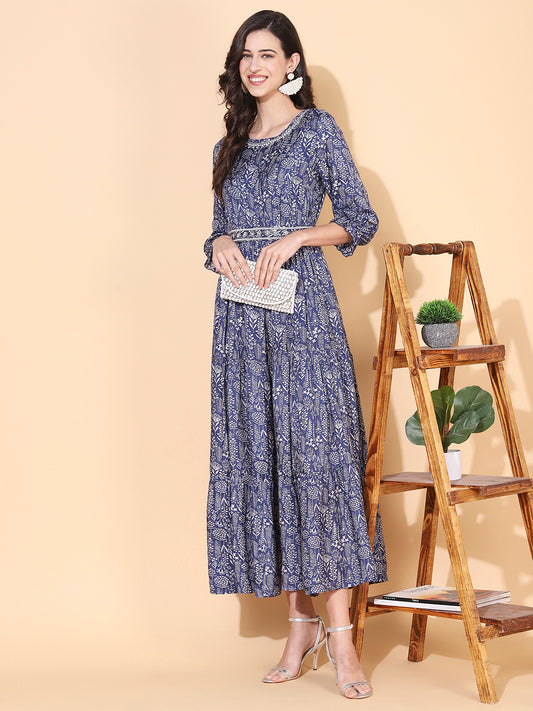 Floral Printed & Hand Embroidered Tiered Flared Maxi Dress - Blue