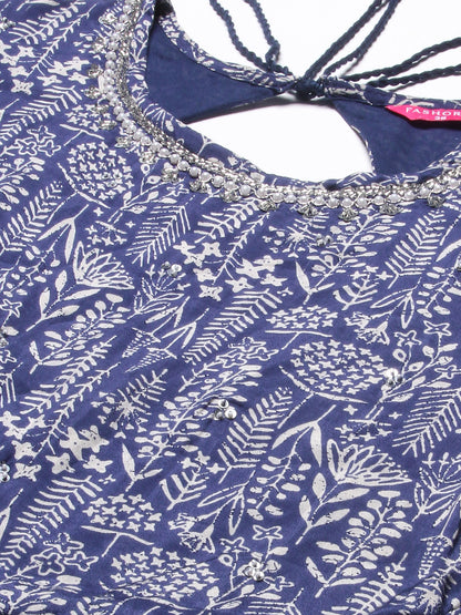 Floral Printed & Hand Embroidered Tiered Flared Maxi Dress - Blue