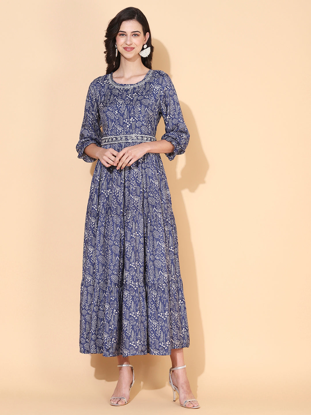 Floral Printed & Hand Embroidered Tiered Flared Maxi Dress - Blue
