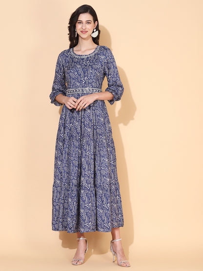 Floral Printed & Hand Embroidered Tiered Flared Maxi Dress - Blue