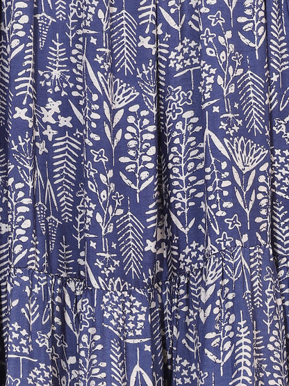 Floral Printed & Hand Embroidered Tiered Flared Maxi Dress - Blue