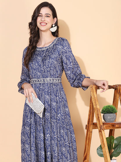 Floral Printed & Hand Embroidered Tiered Flared Maxi Dress - Blue