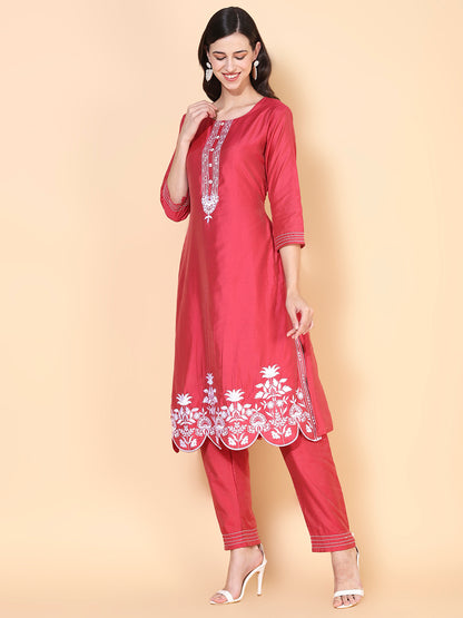 Solid Floral Embroidered Straight Kurta with Pant & Dupatta