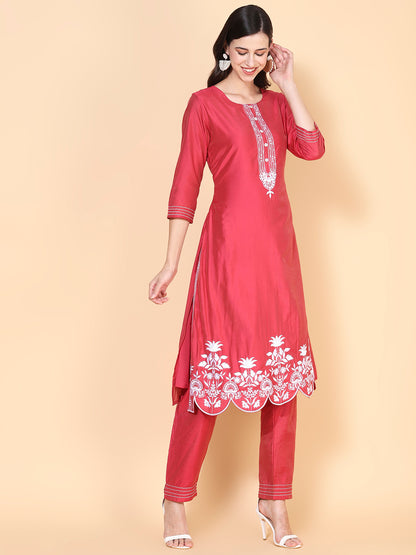 Solid Floral Embroidered Straight Kurta with Pant & Dupatta