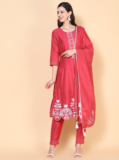 Solid Floral Embroidered Straight Kurta with Pant & Dupatta