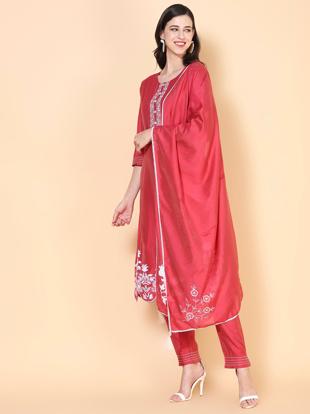 Solid Floral Embroidered Straight Kurta with Pant & Dupatta