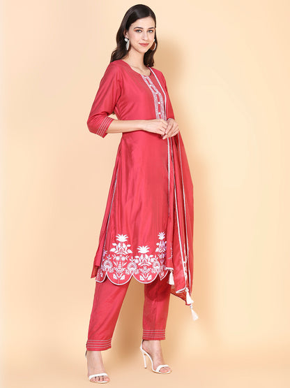 Solid Floral Embroidered Straight Kurta with Pant & Dupatta