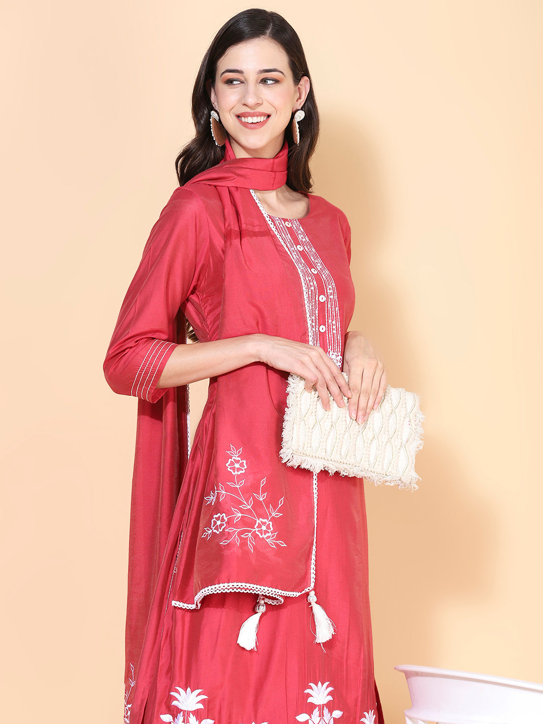 Solid Floral Embroidered Straight Kurta with Pant & Dupatta