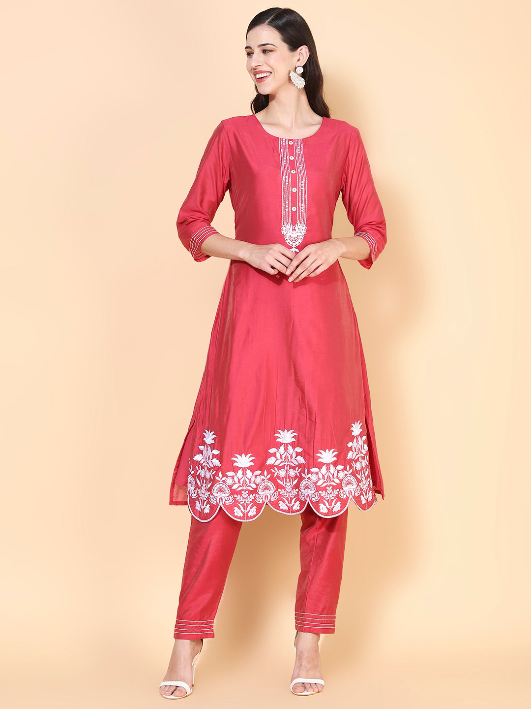 Solid Floral Embroidered Straight Kurta with Pant & Dupatta