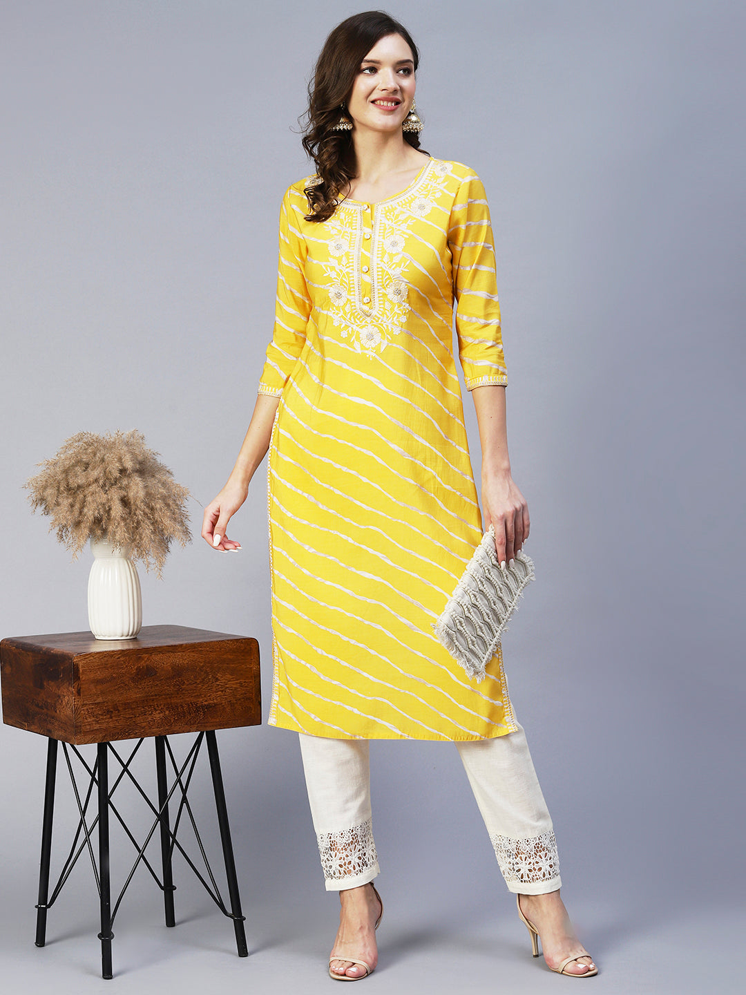 Lehriya Printed Resham & Zari Embroidered Kurta - Yellow