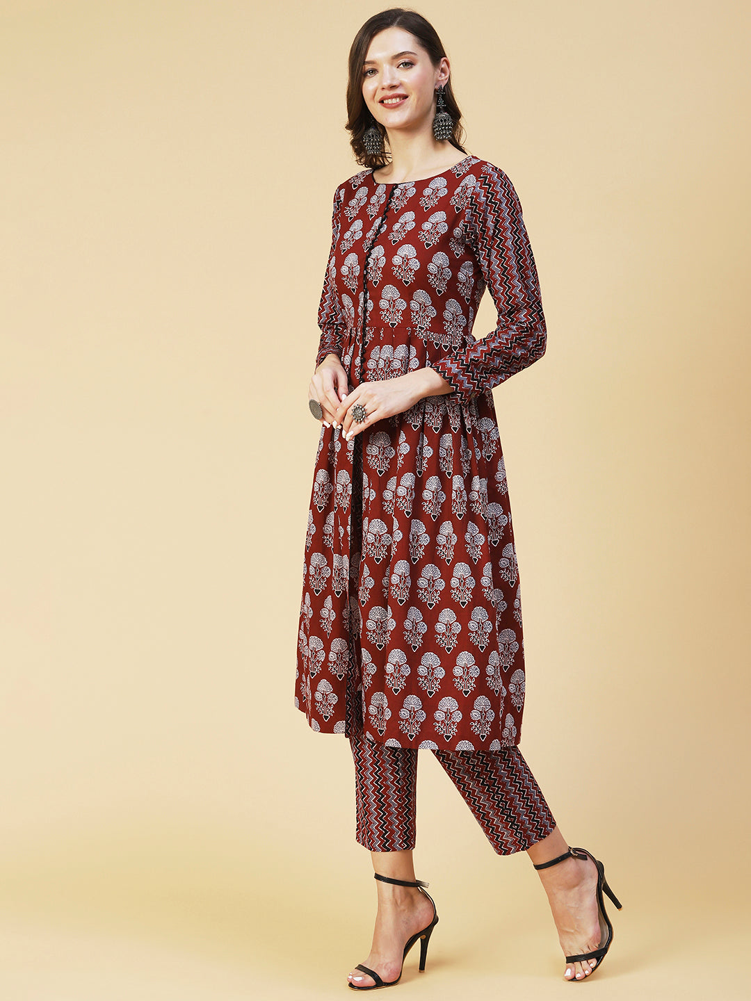 Ethnic Floral Printed A-Line Kurta with Pant - Brown