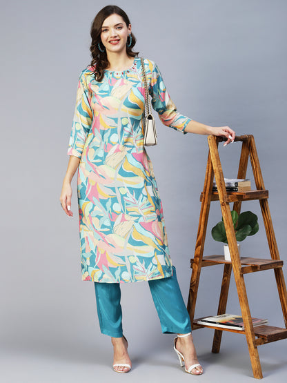 Abstract Printed Beads & Stones Embroidered Kurta With Pants - Multi
