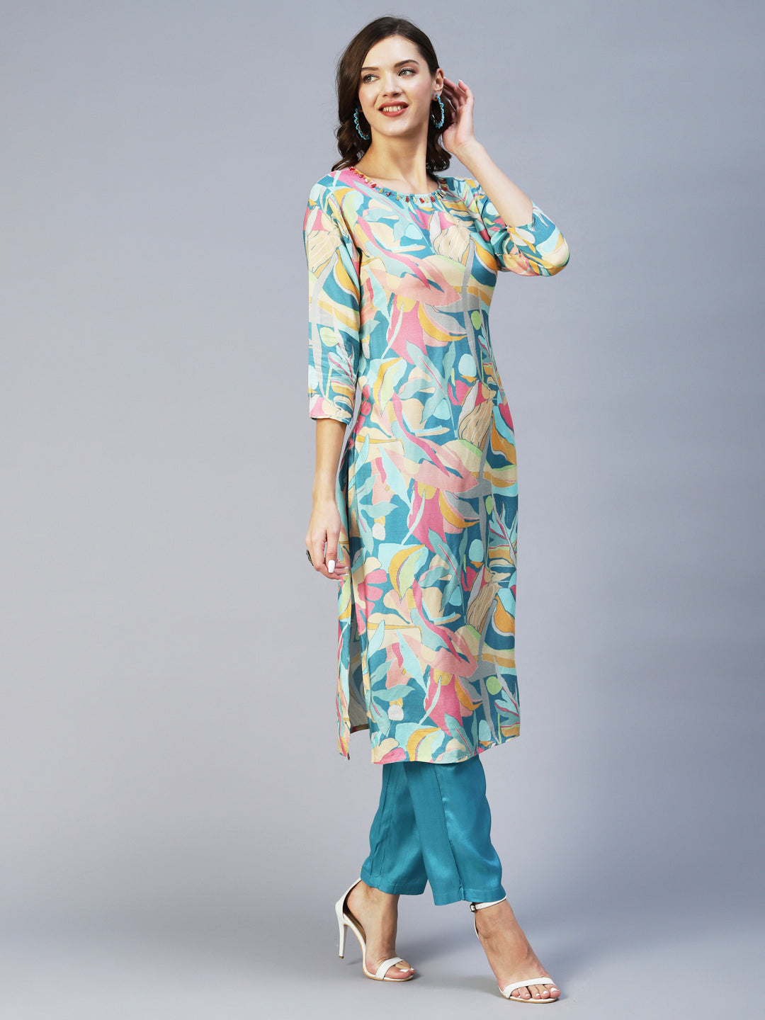 Abstract Printed Beads & Stones Embroidered Kurta With Pants - Multi
