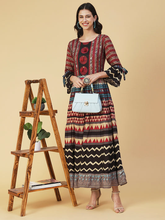 Ethnic Printed Sequined Dress With Belt - Rust