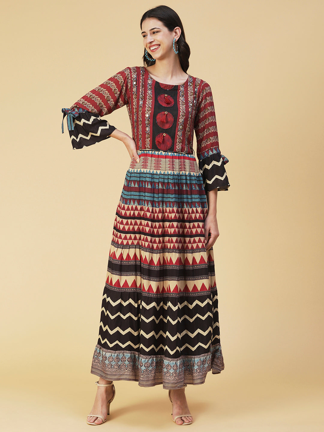 Ethnic Printed Sequined Dress With Belt - Rust