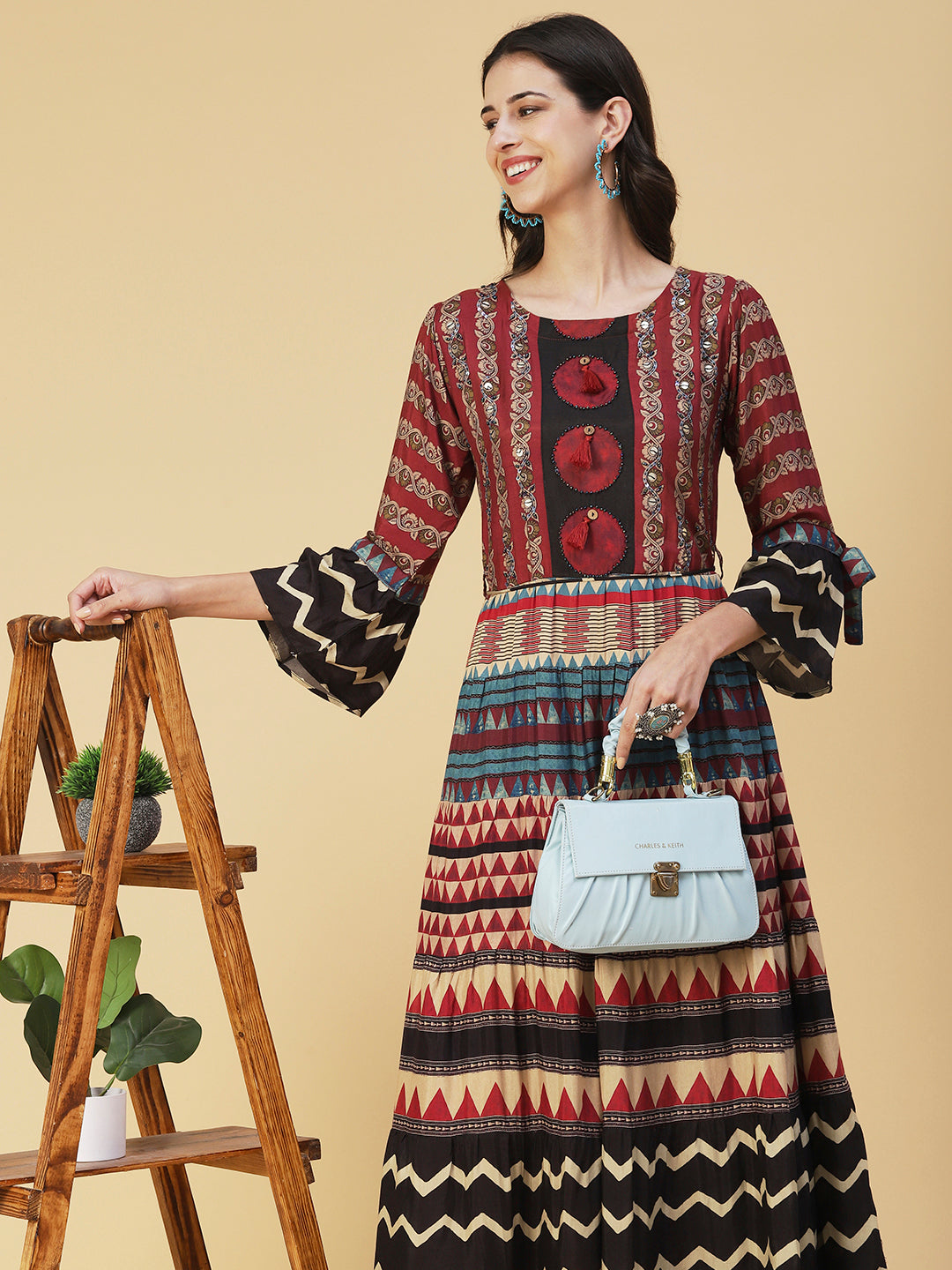 Ethnic Printed Sequined Dress With Belt - Rust