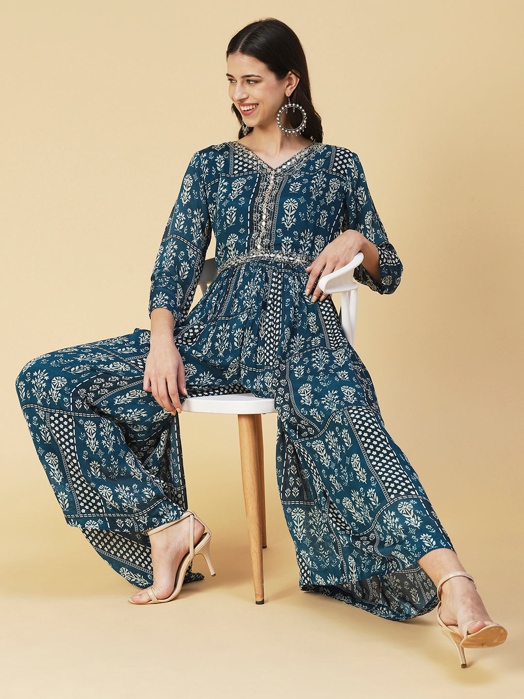 Floral Printed Mirror Embroidered Gathered Dress With Embroidered Belt - Blue