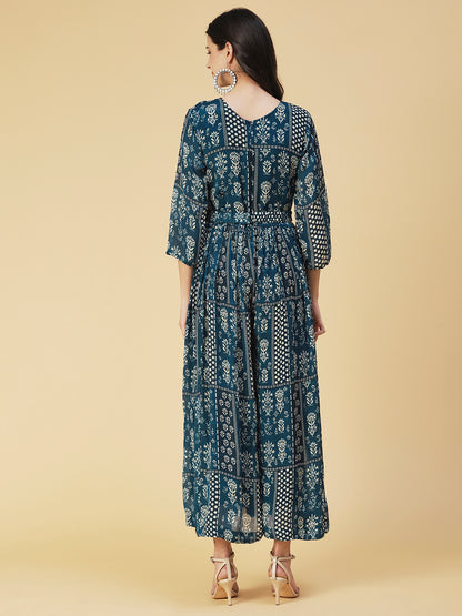 Floral Printed Mirror Embroidered Gathered Dress With Embroidered Belt - Blue
