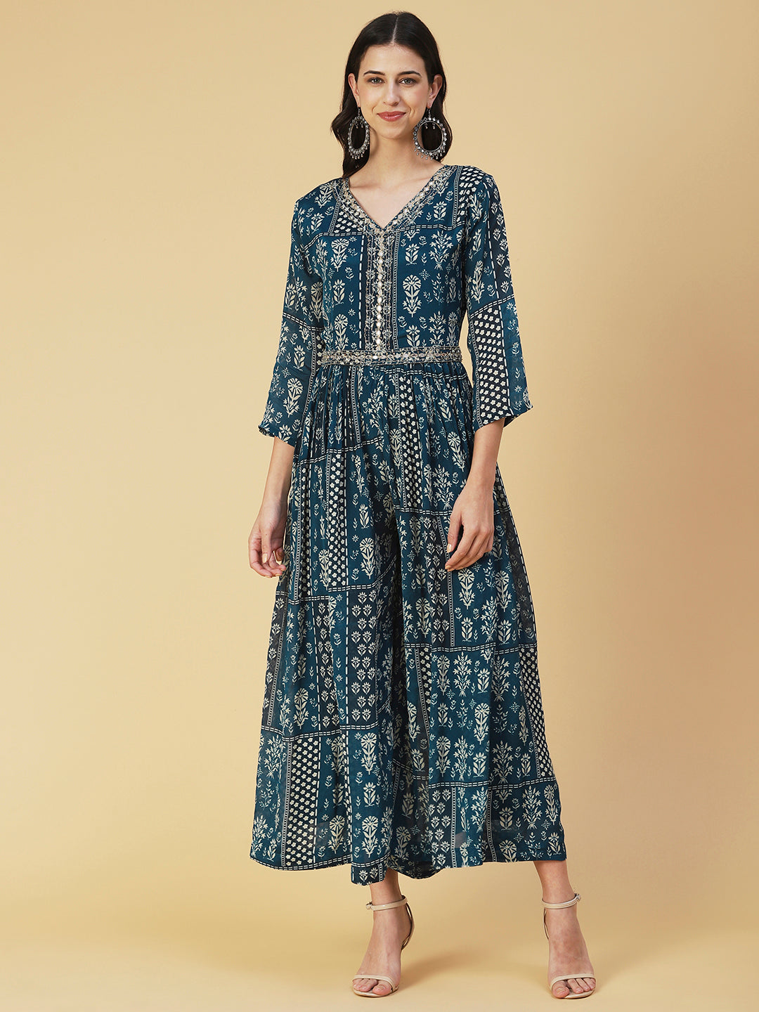 Floral Printed Mirror Embroidered Gathered Dress With Embroidered Belt - Blue