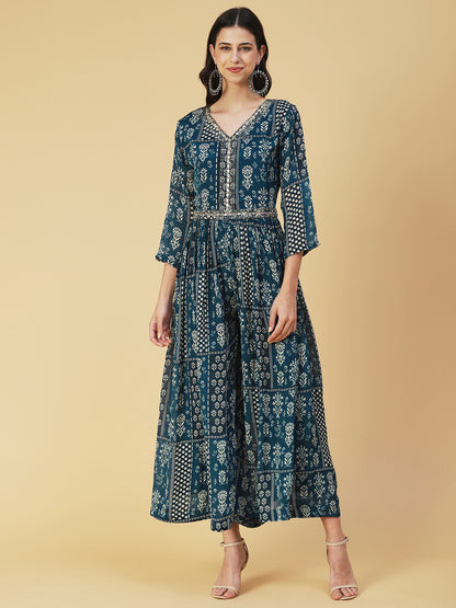 Floral Printed Mirror Embroidered Gathered Dress With Embroidered Belt - Blue