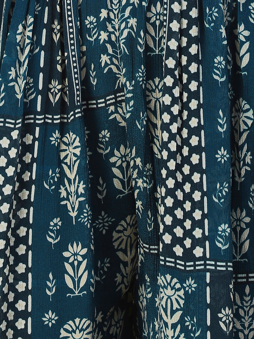 Floral Printed Mirror Embroidered Gathered Dress With Embroidered Belt - Blue