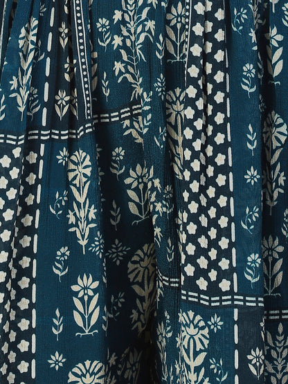 Floral Printed Mirror Embroidered Gathered Dress With Embroidered Belt - Blue