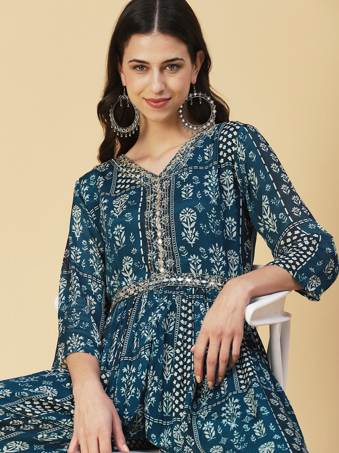 Floral Printed Mirror Embroidered Gathered Dress With Embroidered Belt - Blue