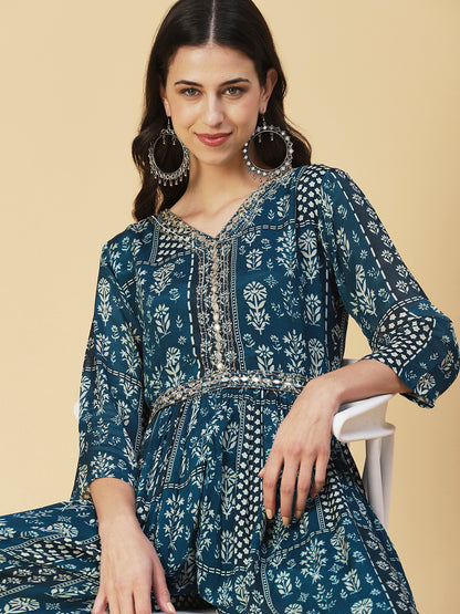 Floral Printed Mirror Embroidered Gathered Dress With Embroidered Belt - Blue