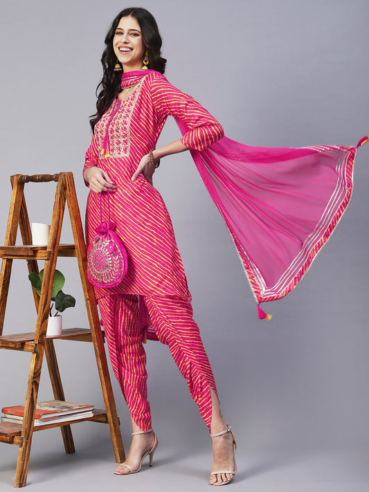 Leheriya Printed & Hand Embroidered Straight Kurta with Pant & Dupatta - Pink