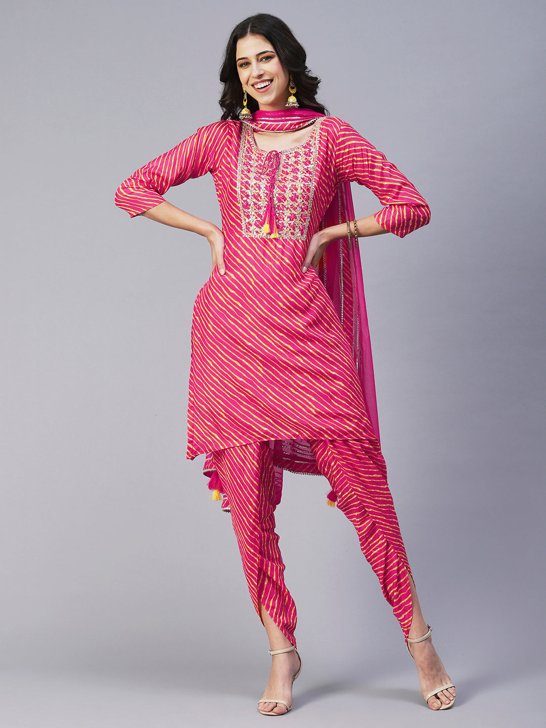 Leheriya Printed & Hand Embroidered Straight Kurta with Pant & Dupatta - Pink