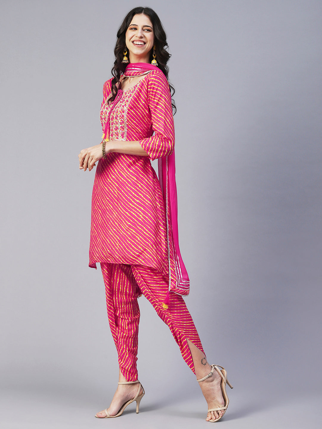 Leheriya Printed & Hand Embroidered Straight Kurta with Pant & Dupatta - Pink