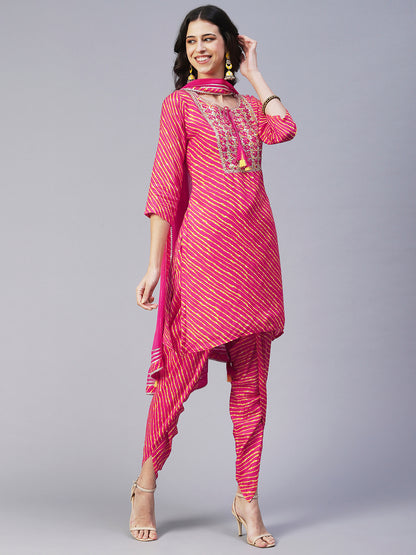 Leheriya Printed & Hand Embroidered Straight Kurta with Pant & Dupatta - Pink