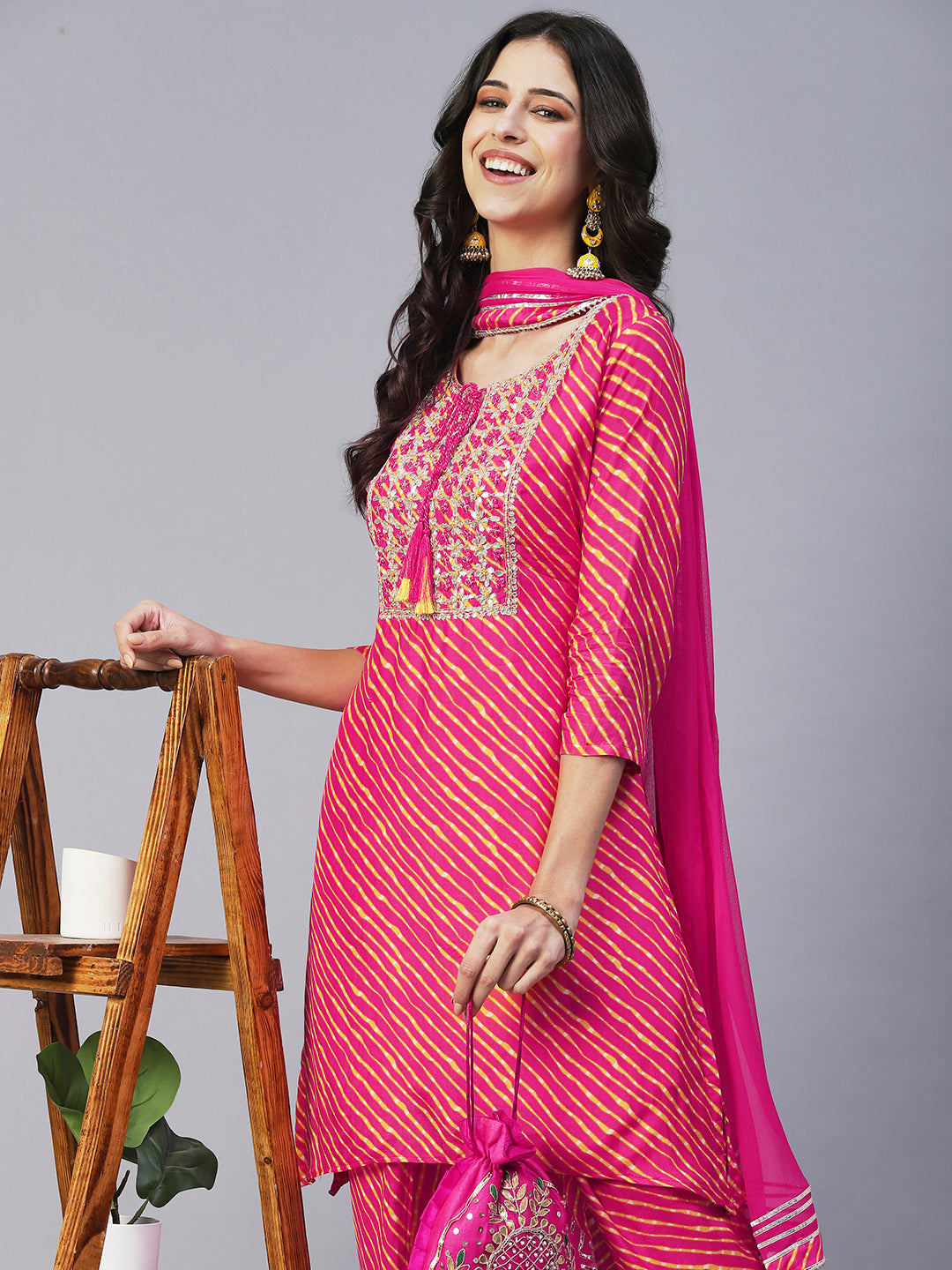 Leheriya Printed & Hand Embroidered Straight Kurta with Pant & Dupatta - Pink