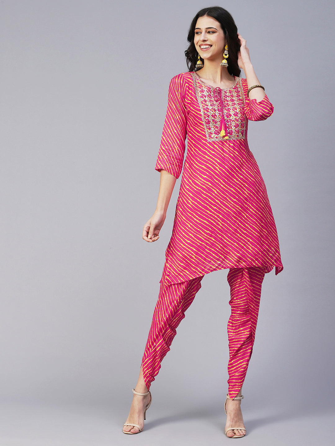 Leheriya Printed & Hand Embroidered Straight Kurta with Pant & Dupatta - Pink