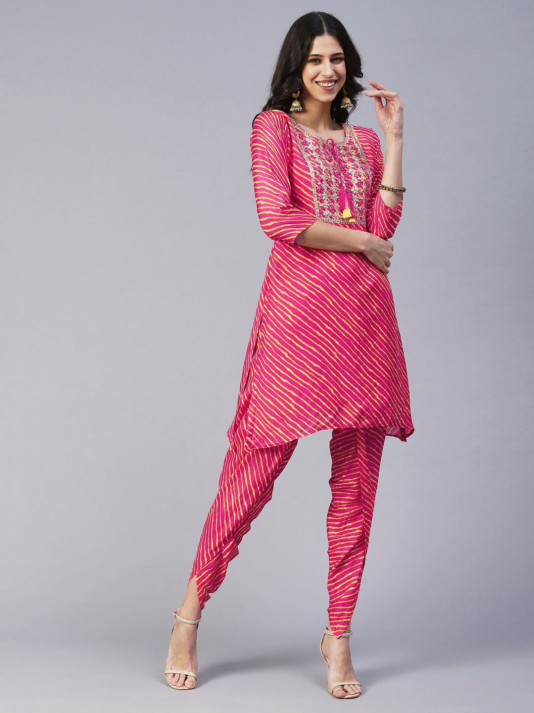 Leheriya Printed & Hand Embroidered Straight Kurta with Pant & Dupatta - Pink