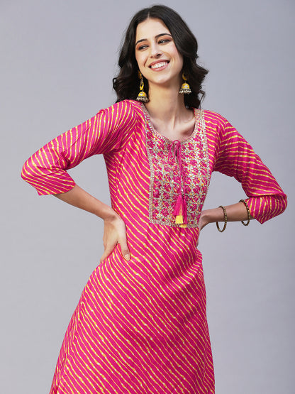 Leheriya Printed & Hand Embroidered Straight Kurta with Pant & Dupatta - Pink