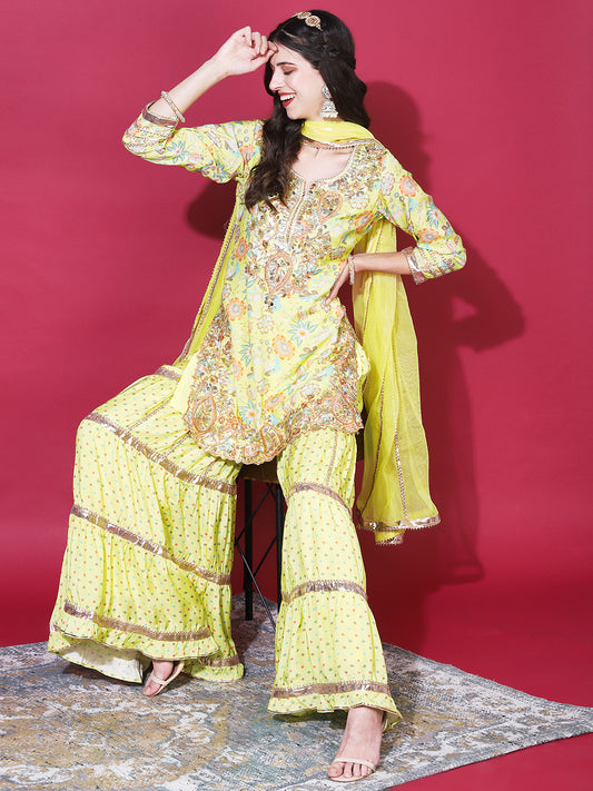 Floral Printed & Embroidered Straight Kurta with Sharara & Dupatta - Yellow