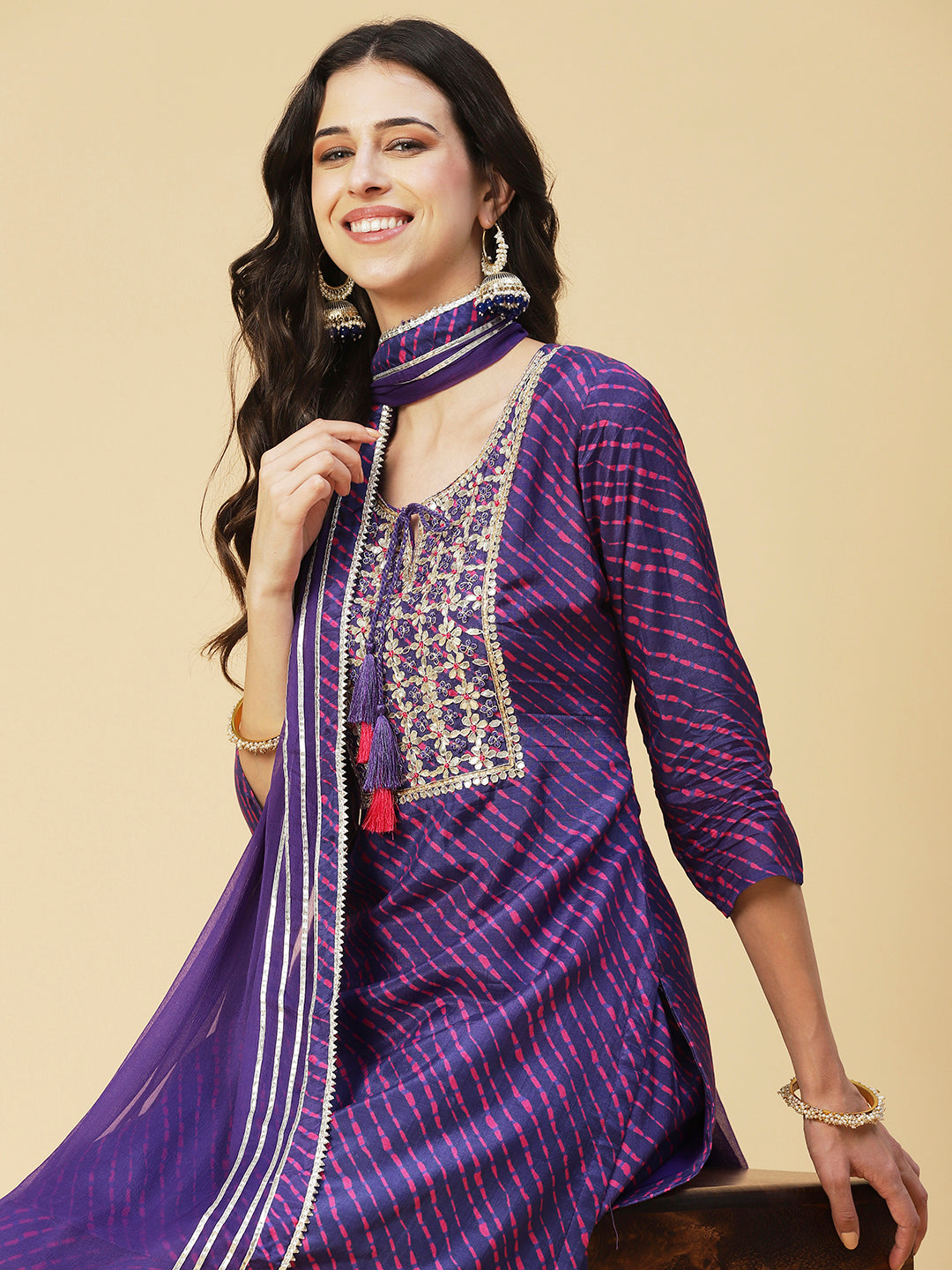Leheriya Printed & Hand Embroidered Straight Kurta with Pant & Dupatta - Purple