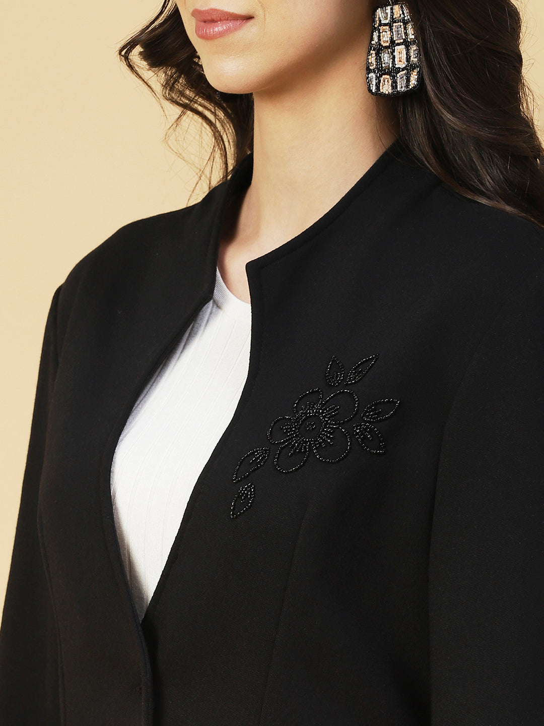 Winter Edition Floral Embroidered Front Open Jacket - Black