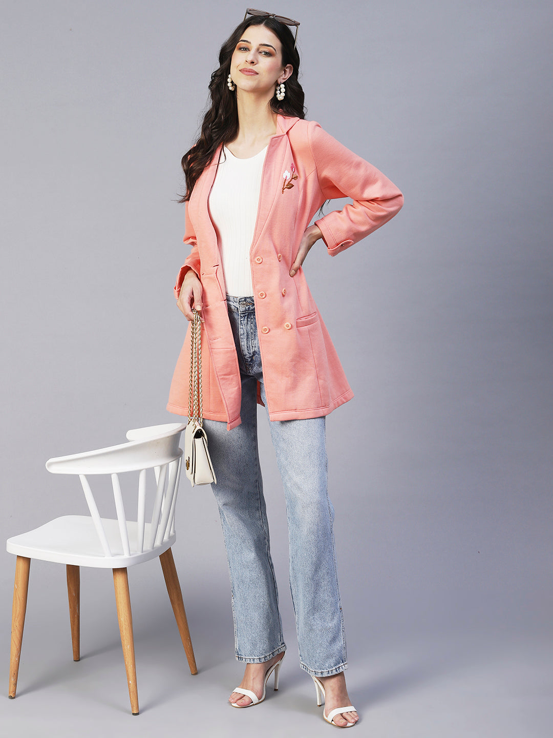 Winter Edition Solid Floral Embroidered A-Line Front Open Jacket - Peach