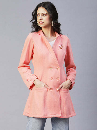 Winter Edition Solid Floral Embroidered A-Line Front Open Jacket - Peach