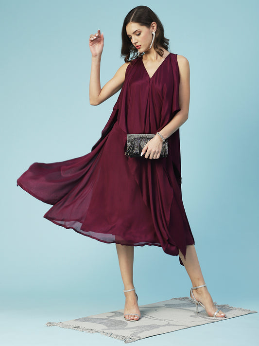 Solid Asymmetrical A-Line Layered Midi Dress - Magenta