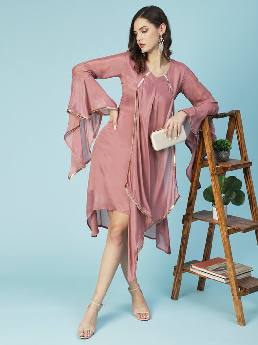 Solid Asymmetrical A-Line Flared Midi Dress - Rose