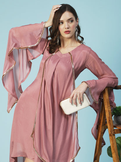 Solid Asymmetrical A-Line Flared Midi Dress - Rose