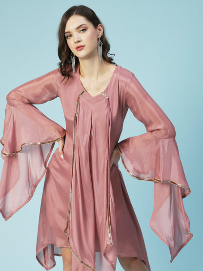 Solid Asymmetrical A-Line Flared Midi Dress - Rose