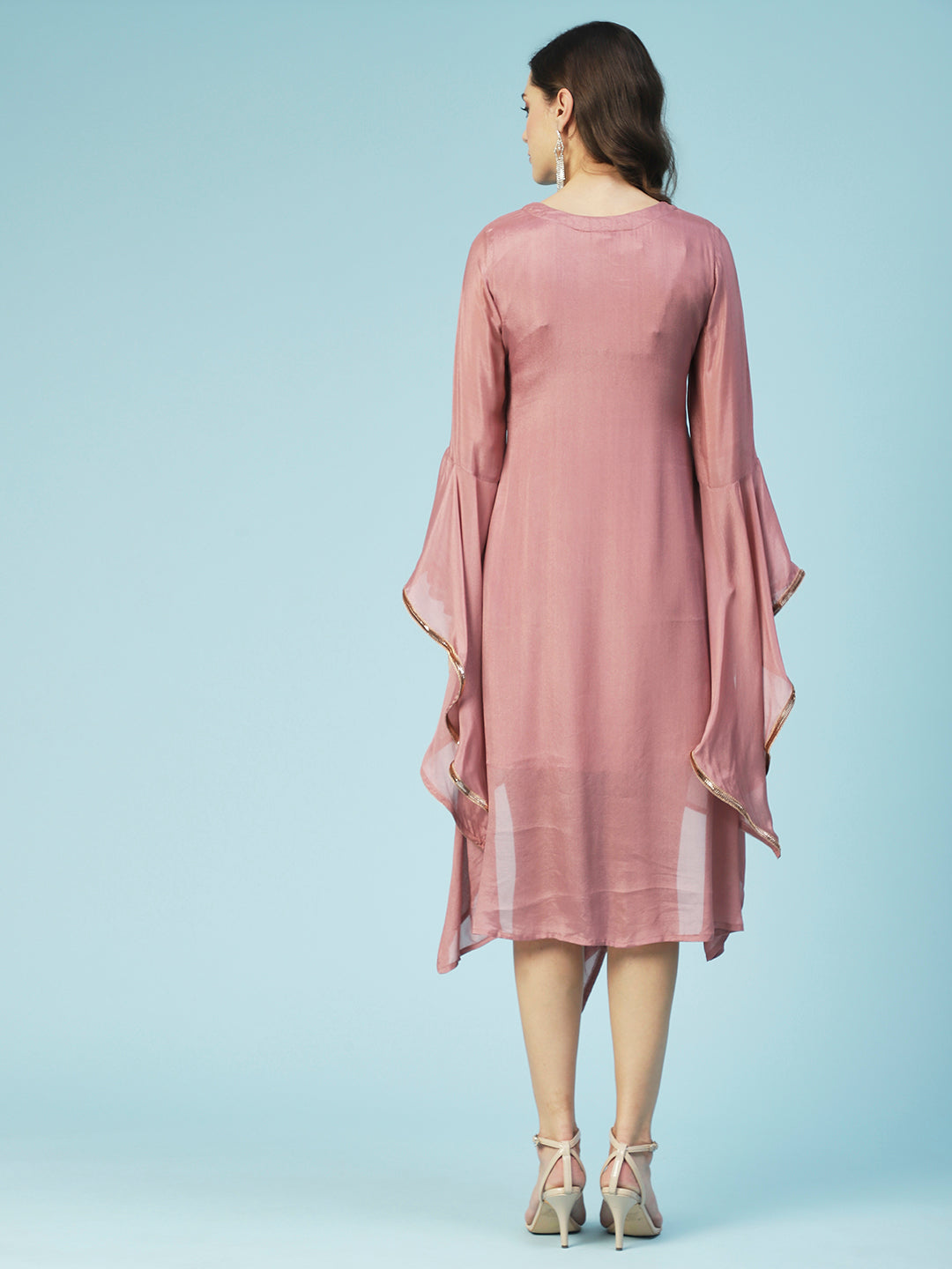 Solid Asymmetrical A-Line Flared Midi Dress - Rose