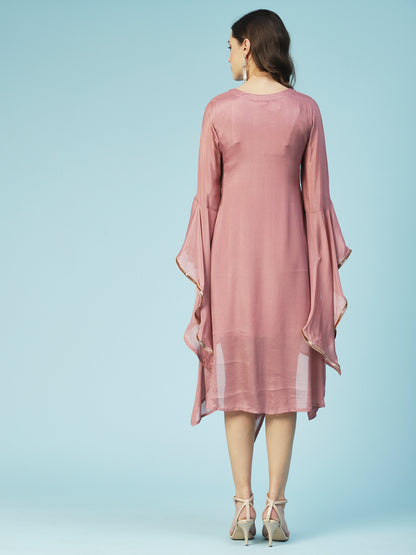 Solid Asymmetrical A-Line Flared Midi Dress - Rose