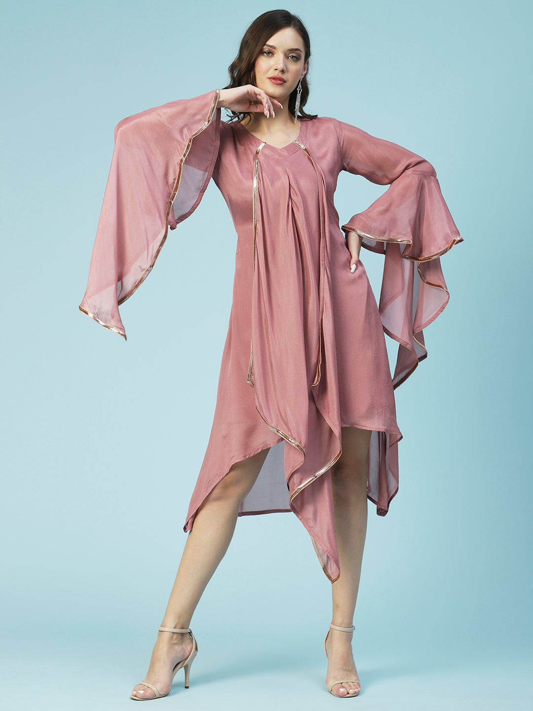 Solid Asymmetrical A-Line Flared Midi Dress - Rose