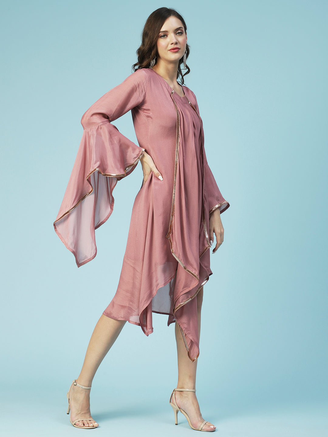 Solid Asymmetrical A-Line Flared Midi Dress - Rose