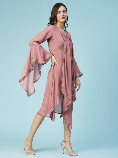 Solid Asymmetrical A-Line Flared Midi Dress - Rose